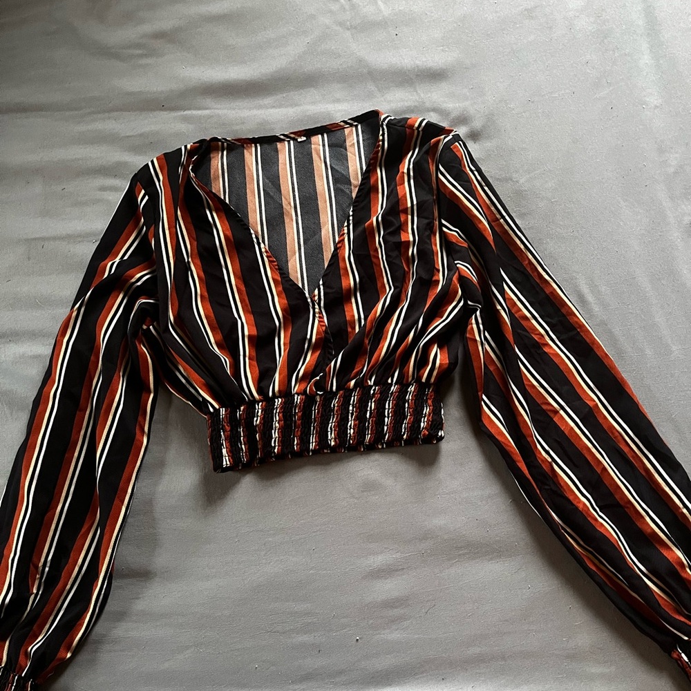 Striped V-Neck Long Sleeve Top - Black and Orange
